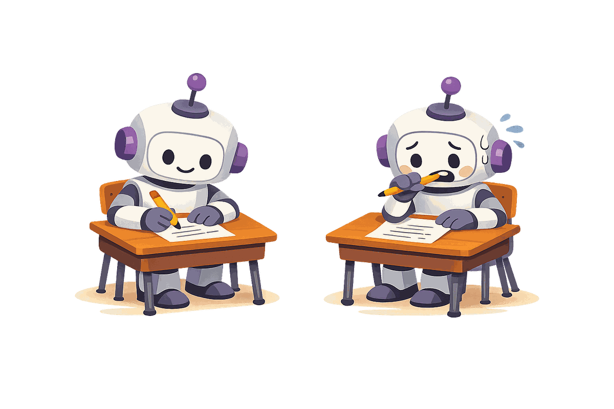 Two cartoon robots sitting at school desks taking the same paper exam. One writes confidently; the other chews its pencil and sweats.